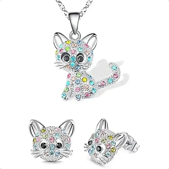 Sparkly Colorful Rhinestones & Silverplated Kitty Cat Earrings & Necklace Set - Picture 1 of 4